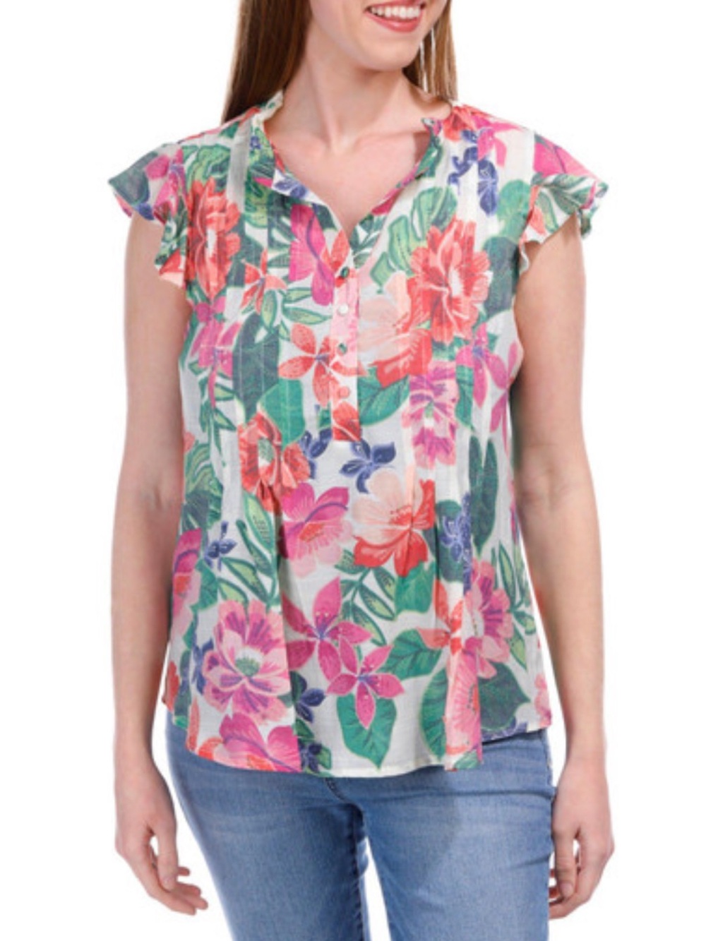 Floral Button-Front Ruffle-Sleeve Blouse - Pink & Green